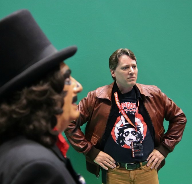 TV horror host, Svengoolie, standing near his director, Chris Faulkner TV horror host, Svengoolie, with his director, Chris Faulkner