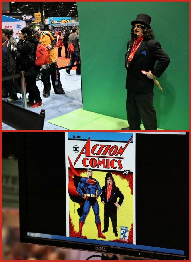 TV horror host, Svengoolie, posing in Superman comic TV horror host, Svengoolie