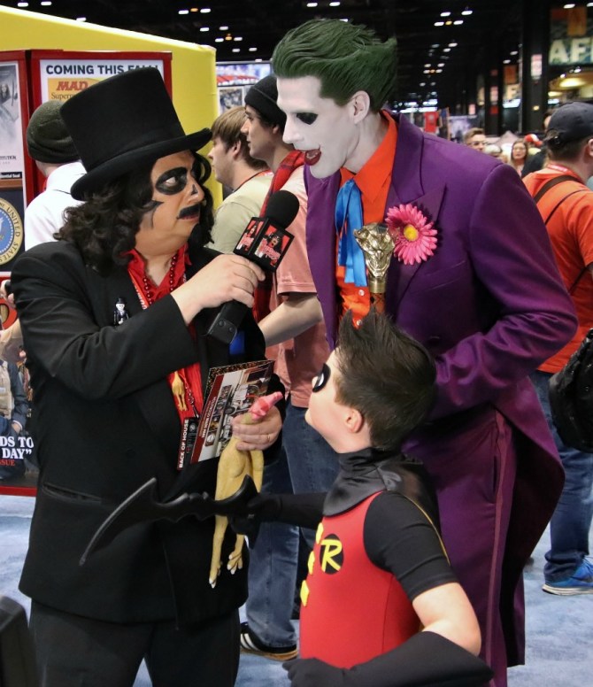 TV horror host, Svengoolie, interviews man dressed as the Joker from Batman animated series TV horror host, Svengoolie, interviews man dressed as the Joker from Batman animated series