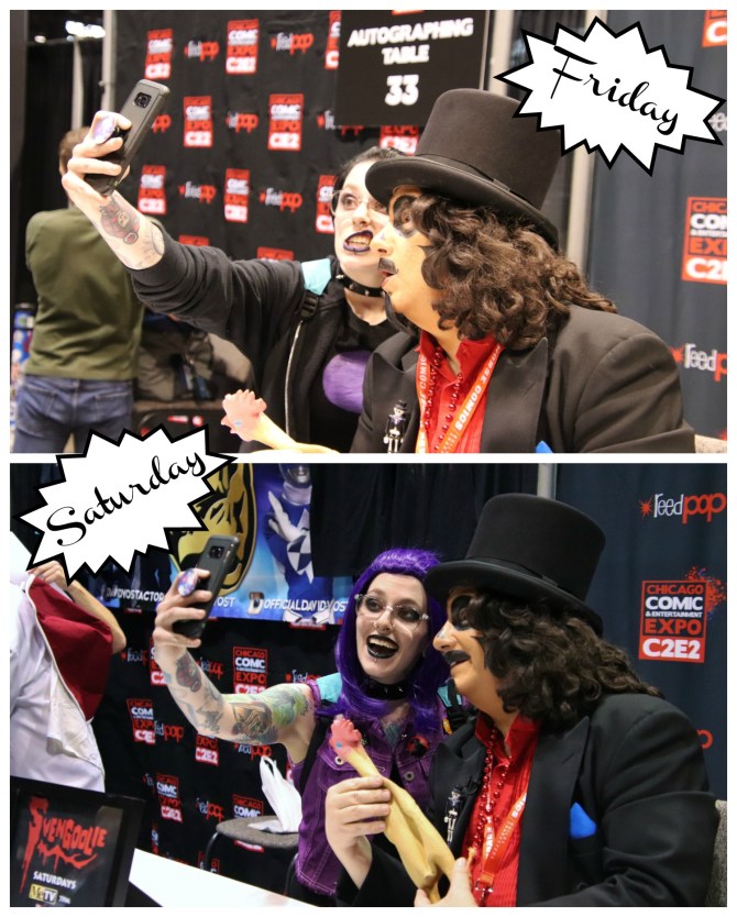 Same fan shown two different days meeting horror host, Svengoolie